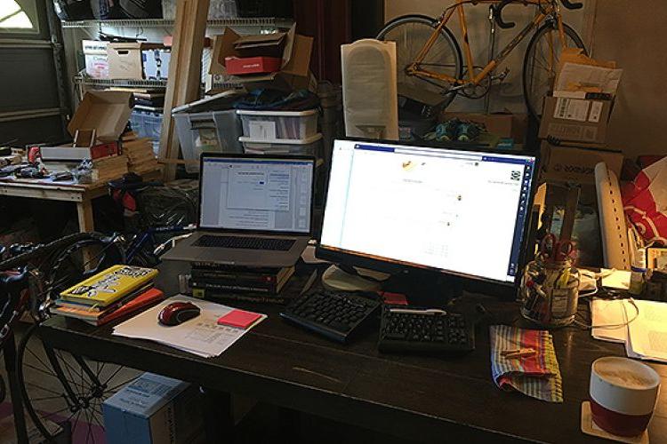 Political science professor Keith Smith has set up an office in his garage at home.