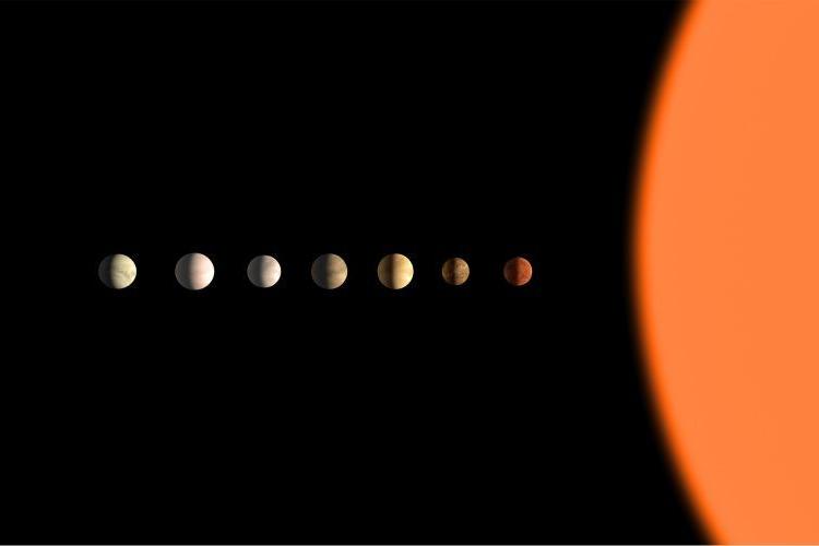 开普勒-385系统中七颗行星的艺术渲染图
